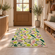 Tennis Pattern Rug in an entryway with a wooden door and bench