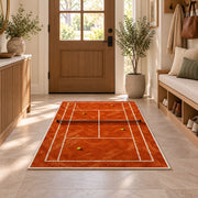 Clay Tennis Court Rug in an entryway with a wooden door and bench