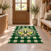 Tennis Club Rug in an entryway with a wooden door and bench