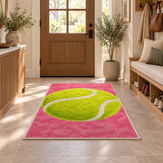 Giant Tennis Ball Rug in an entryway with a wooden door and bench