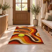 Retro Tennis Rug in an entryway with a wooden door and bench