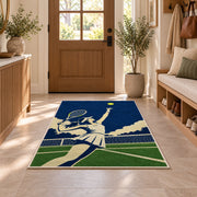 Tennis Player Serve Rug in an entryway with a wooden door and bench