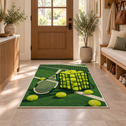 Tennis Ball Basket Rug in an entryway with a wooden door and bench