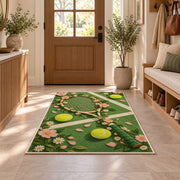 Floral Tennis Racket Rug in an entryway with a wooden door and bench