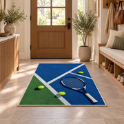 Blue Hard Court Tennis Rug in an entryway with a wooden door and bench