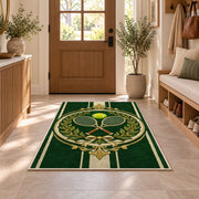 Vintage Tennis Crest Rug in an entryway with a wooden door and bench