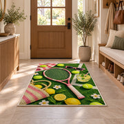 Summer Tennis Rug in an entryway with a wooden door and bench