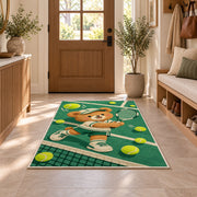 Baby Bear Tennis Rug in an entryway with a wooden door and bench