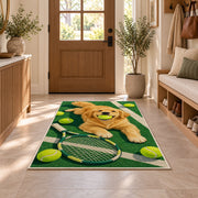 Dog with Tennis Ball Rug in an entryway with a wooden door and bench