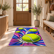 Pop Art Tennis Ball Rug in an entryway with a wooden door and bench