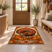 Fall Turkey Rug in an entryway with a wooden door and bench