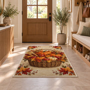 Harvest Basket Pumpkin Rug in an entryway with a wooden door and bench