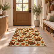 Turkey and Pumpkin Pattern Rug in an entryway with a wooden door and bench