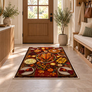 Thanksgiving Dinner Table Rug in an entryway with a wooden door and bench