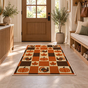 Retro Checkered Thanksgiving Rug in an entryway with a wooden door and bench