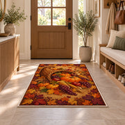 Cornucopia Harvest Rug in an entryway with a wooden door and bench