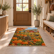Pumpkin Patch Farm Rug in an entryway with a wooden door and bench