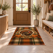 Tartan Plaid Turkey Rug in an entryway with a wooden door and bench