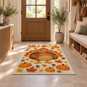 Cute Turkey Kids Rug in an entryway with a wooden door and bench