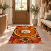 Pumpkin Pie Rug in an entryway with a wooden door and bench