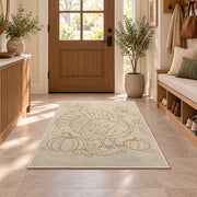 Minimalist Turkey Line Art Rug in an entryway with a wooden door and bench