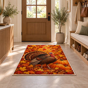 Turkey in Fall Leaves Rug in an entryway with a wooden door and bench