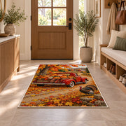 Red Vintage Truck Pumpkin Rug in an entryway with a wooden door and bench
