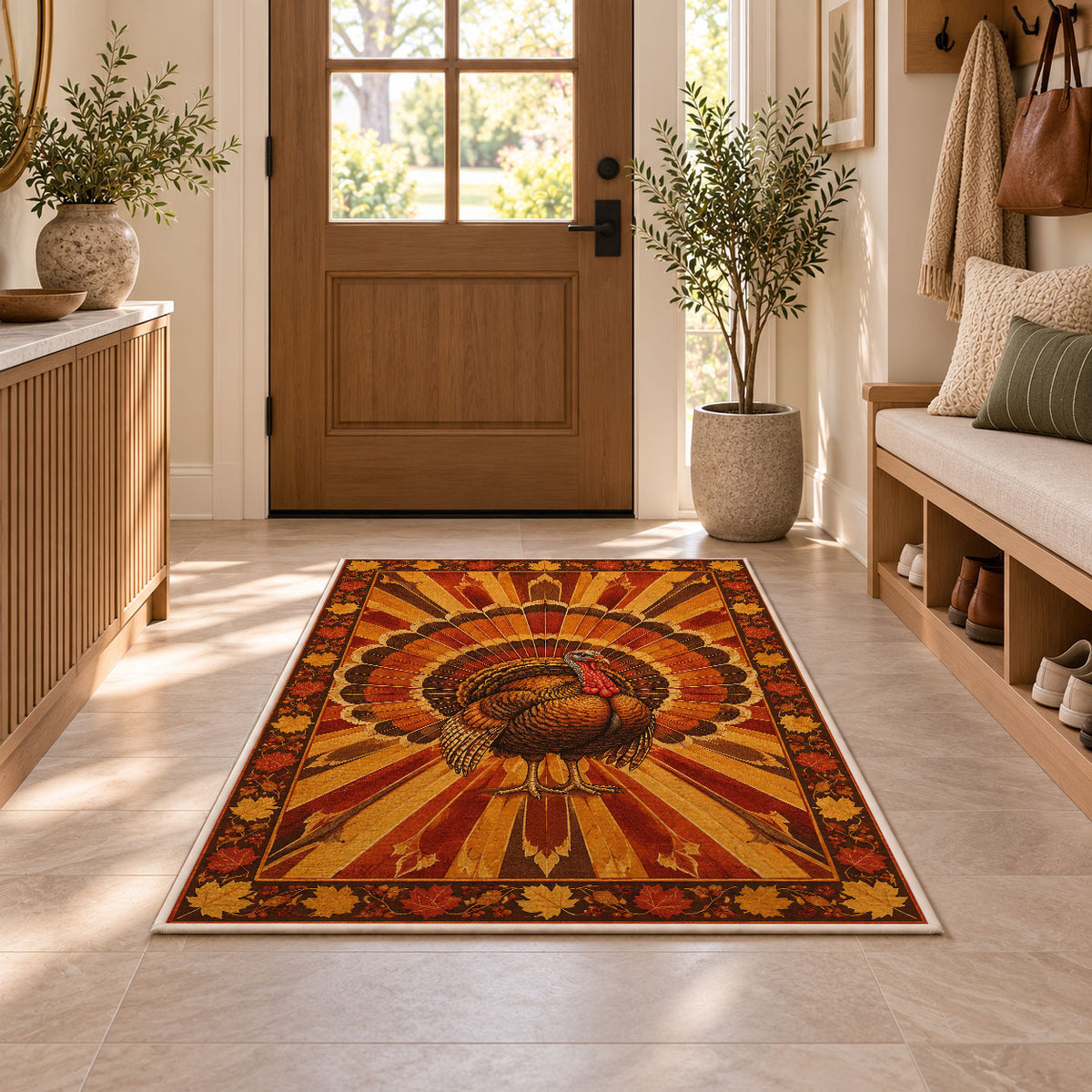 Turkey Sunburst Rug in an entryway with a wooden door and bench