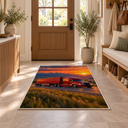 Red semi truck at sunset rug in an entryway with a wooden door and bench