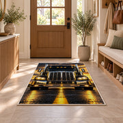 Chrome semi truck front rug in an entryway with a wooden door and bench