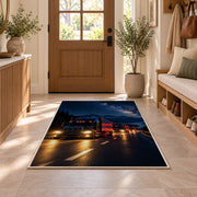 Semi truck convoy at night rug in an entryway with a wooden door and bench