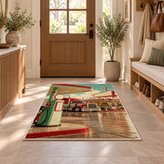 Retro truck stop rug in an entryway with a wooden door and bench