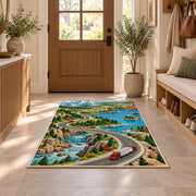 Illustrated road map with trucks rug in an entryway with a wooden door and bench