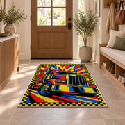 Pop art semi truck rug in an entryway with a wooden door and bench