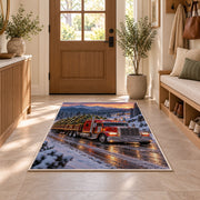 Christmas tree semi truck rug in an entryway with a wooden door and bench