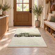 Vintage 1950s truck rug in an entryway with a wooden door and bench