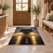 Semi truck headlights in fog rug in an entryway with a wooden door and bench