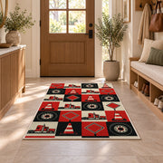 Checkered trucks and road signs rug in an entryway with a wooden door and bench