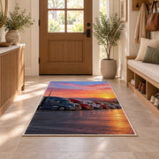 Semi trucks at a truck stop at sunrise rug in an entryway with a wooden door and bench