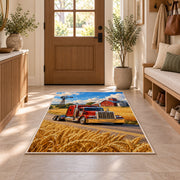 Semi truck on a country road rug in an entryway with a wooden door and bench