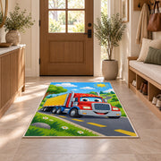 Cute cartoon semi truck rug in an entryway with a wooden door and bench