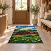 Vintage Steam Train Rug in an entryway with a wooden door and bench