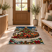 Christmas Train Rug in an entryway with a wooden door and bench