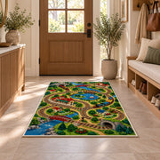 Train Track Play Rug in an entryway with a wooden door and bench