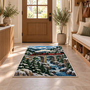Mountain Train Bridge Rug in an entryway with a wooden door and bench