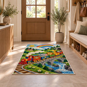Wooden Toy Train Rug in an entryway with a wooden door and bench