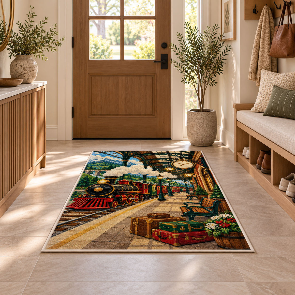 Vintage Train Station Rug in an entryway with a wooden door and bench
