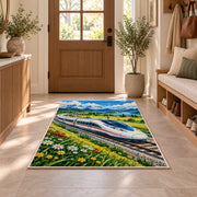 High Speed Train Rug in an entryway with a wooden door and bench