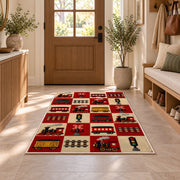 Retro Train Checkered Rug in an entryway with a wooden door and bench
