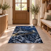 Winter Night Train Rug in an entryway with a wooden door and bench